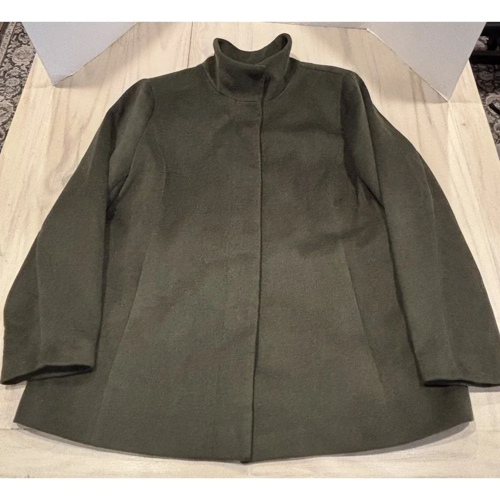 Lands End Womens Plus 18W Olive Green Peacoat Lined Hidden Button‎ Front Coat